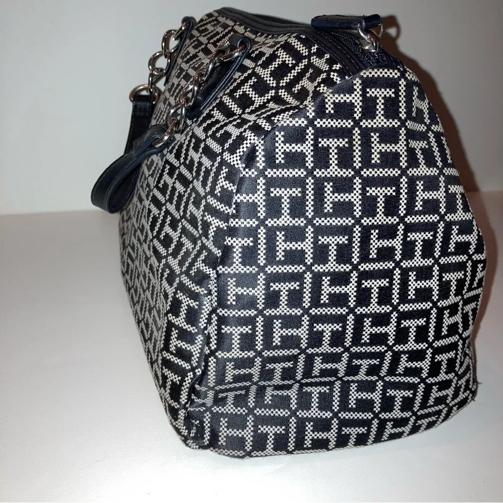 Tommy Hilfiger Black White Satchel Handbag Bowler TH Logo Monogram Fall Purse
